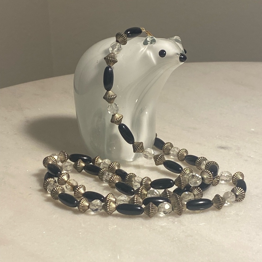 Vintage Black Bead & Clear Faceted Glass Necklace Silver Tone Long Flapper Style